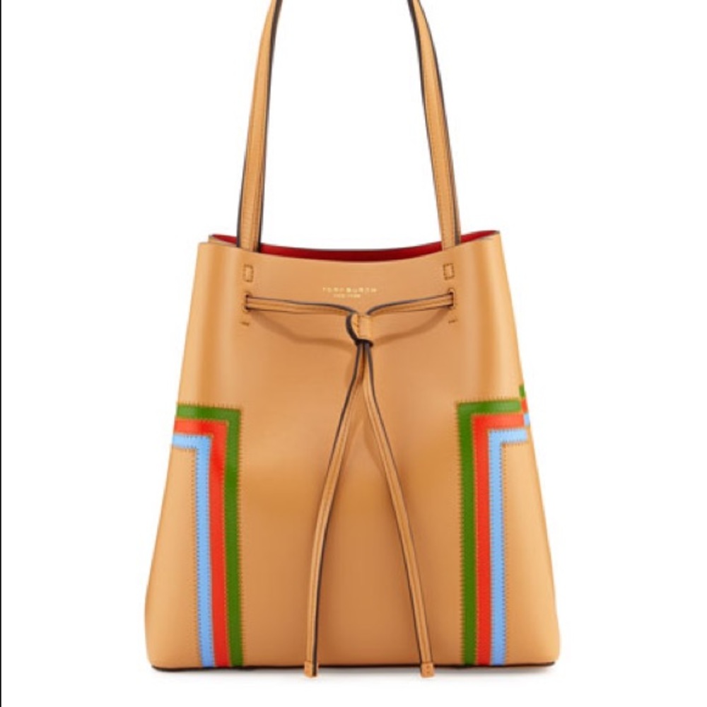 Tory Burch Tan Leather Tote with Multicolor Trim